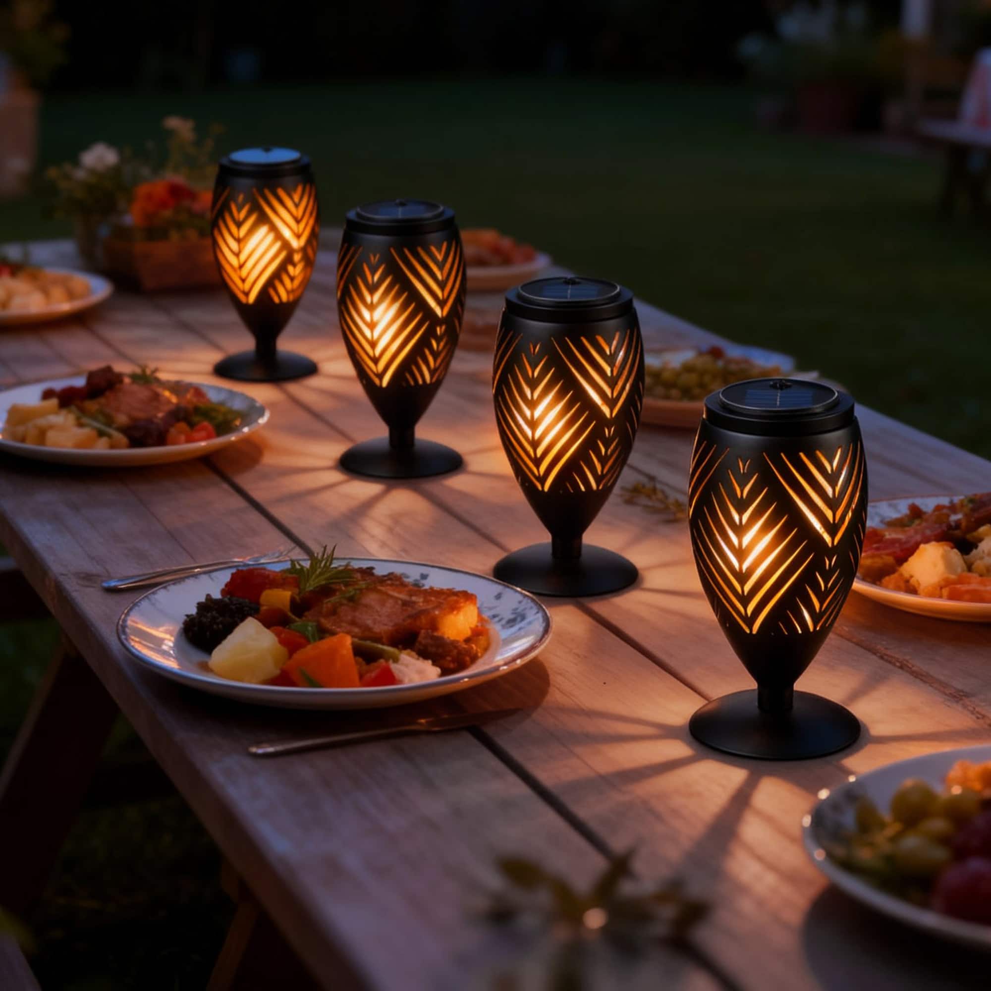 Glitzhome® 8.75" Set of 2 LED Black Metal Chevron Cutout Solar Powered Outdoor Lantern